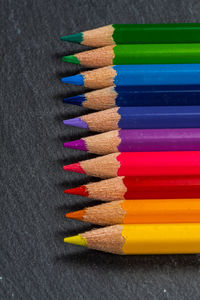 Close-up of multi colored pencils on table