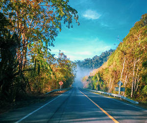 Empty road amidst trees against sky