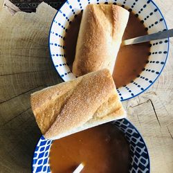 High angle view of bread in plate on table