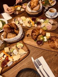 High angle view of food served on table