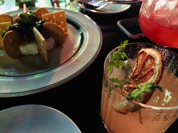 Close-up of food served on table