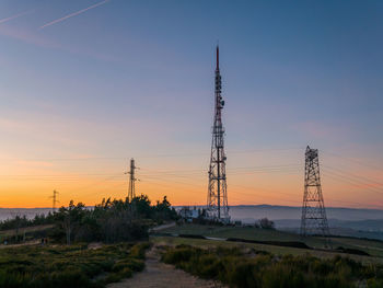 Electricity pylon on landscape against sky during sunset