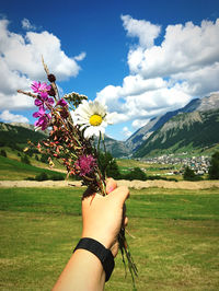 Cropped hand of person holding flowers