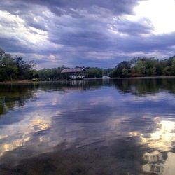 Scenic view of lake against cloudy sky