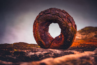 Close-up of rusty metal on rock against sky