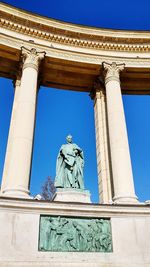 Low angle view of statue against clear blue sky