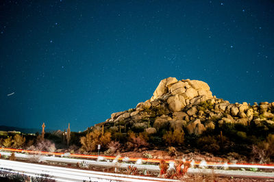Trees against clear blue sky at night