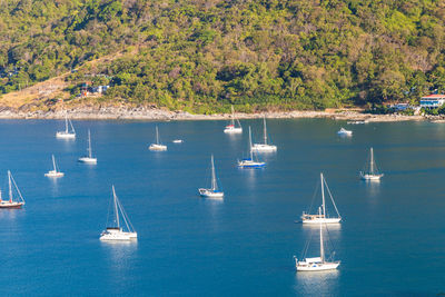 High angle view of sailboats sailing on sea