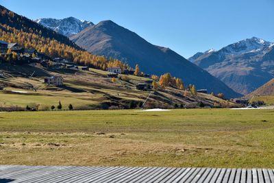 Scenic view of field and mountains against sky