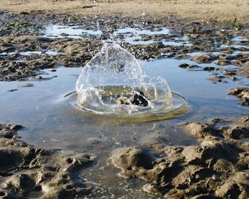 High angle view of water splashing on rocks