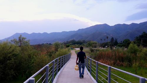Rear view of man on footbridge against mountains
