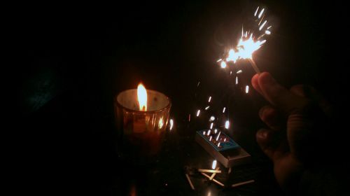 Close-up of hand holding lit candle in darkroom