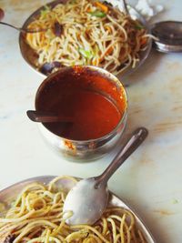 Close-up of soup in bowl on table