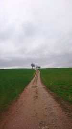 Pathway amidst grassy field against cloudy sky