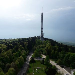 High angle view of communications tower against sky