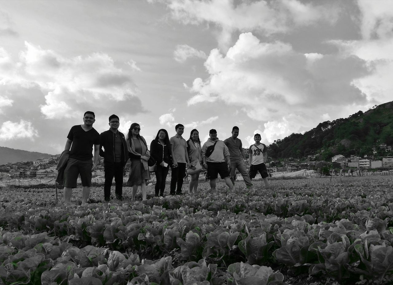 sky, nature, field, cloud - sky, beauty in nature, large group of people, men, growth, day, agriculture, real people, outdoors, mountain, women, landscape, people