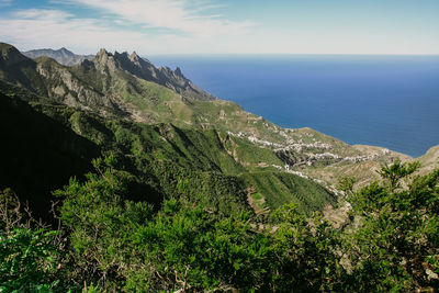 Scenic view of sea and mountains against sky