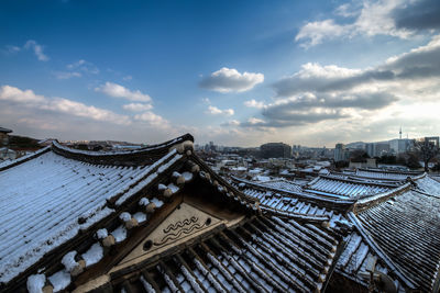 Aerial view of roof against sky