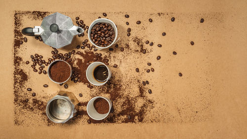 High angle view of coffee cup on table