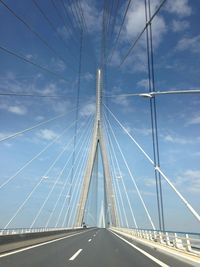 Low angle view of suspension bridge against sky