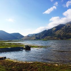 Scenic view of lake and mountains against sky