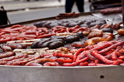 Grilled sausages for sale at street