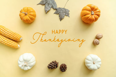 High angle view of pumpkins on table