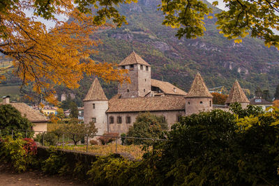 Trees and buildings against sky during autumn