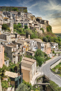 High angle view of buildings in city