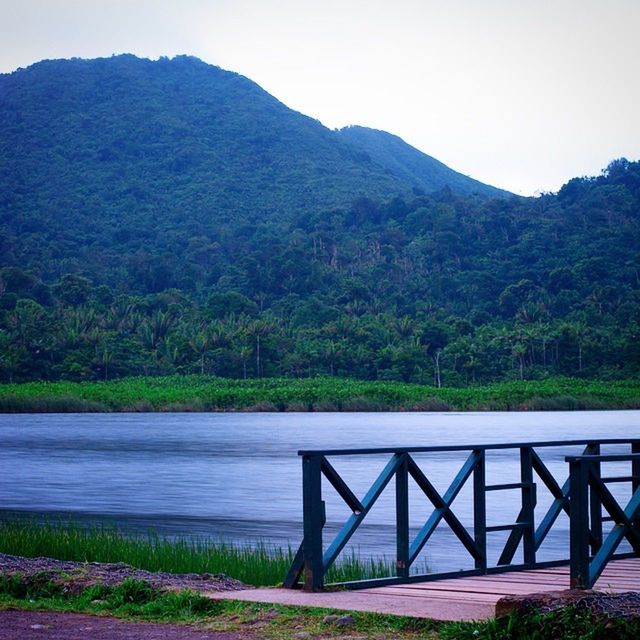 mountain, tranquil scene, tranquility, water, scenics, mountain range, beauty in nature, tree, lake, clear sky, nature, landscape, railing, river, non-urban scene, idyllic, green color, growth, grass, day