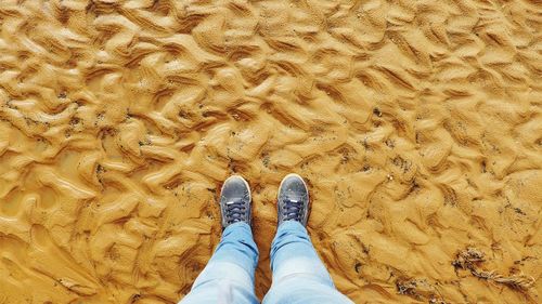 Low section of person standing on sand