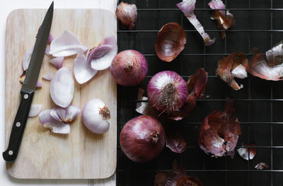 Directly above shot of onions and peel with knife on cutting board