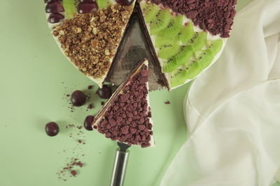 High angle view of chocolate cake on table