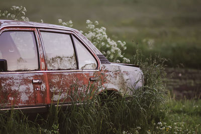 Abandoned car on field