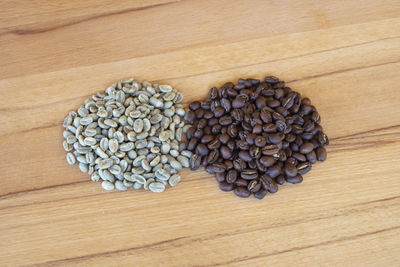 High angle view of coffee beans on table
