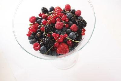 High angle view of strawberries in bowl