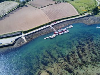 High angle view of ship in sea