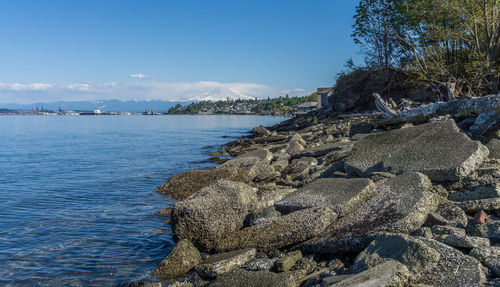 Panoramic shot of rocks on sea shore against sky