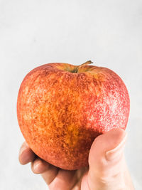 Close-up of hand holding apple against white background