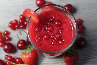 High angle view of fresh fruits smoothie