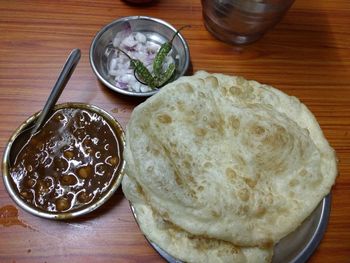 High angle view of breakfast on table