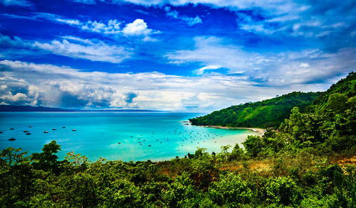 Scenic view of bay against sky