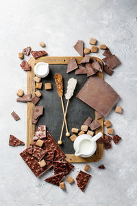 High angle view of food and drink on table