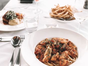 High angle view of meal served on table