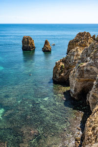 Rocks in sea against blue sky