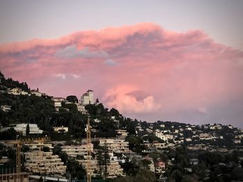 View of cityscape against cloudy sky