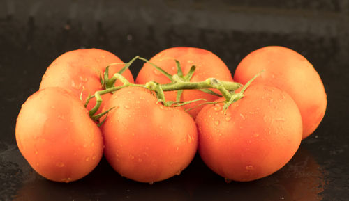 Close-up of wet tomatoes on table