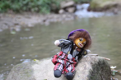 Doll on rock against lake