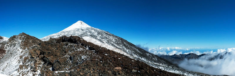 Panoramic view of snowcapped mountains against clear blue sky