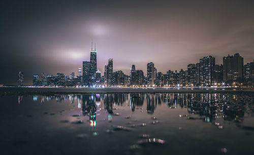 View of city lit up at night